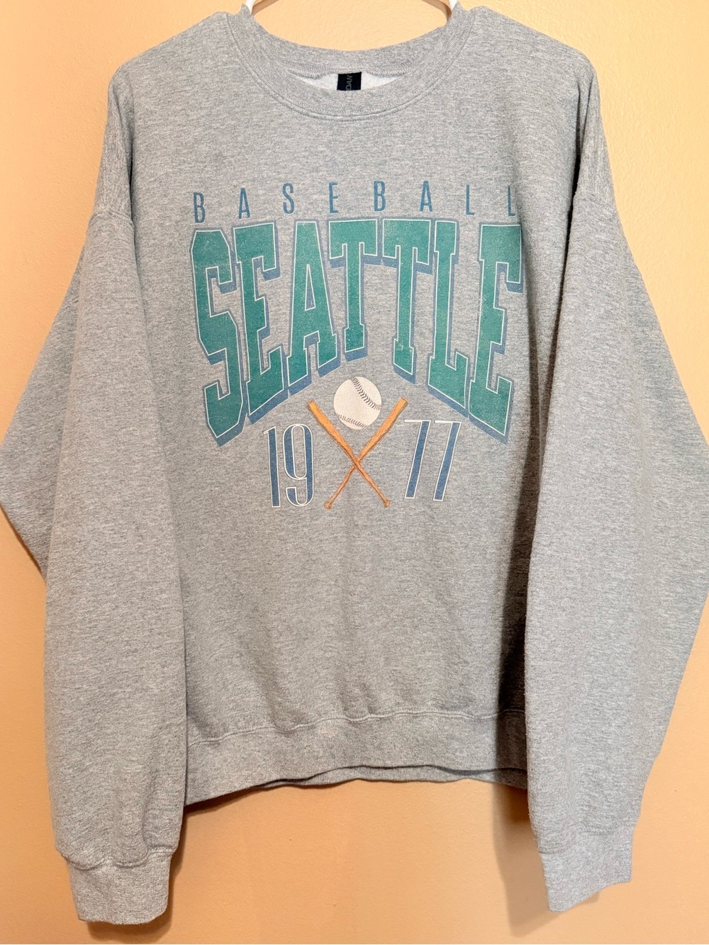 Gildan Gray Crewneck Sweatshirt with Teal and Green Seattle Mariners